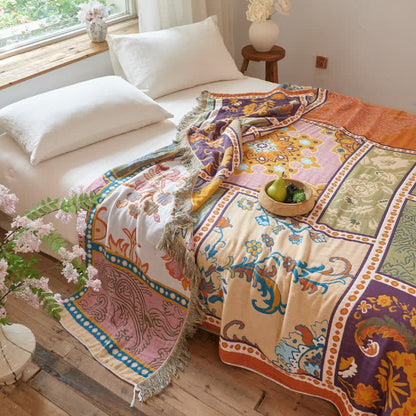 Boho-Baumwoll-Patchworkdecke mit Blumenmuster und Quasten - image 3