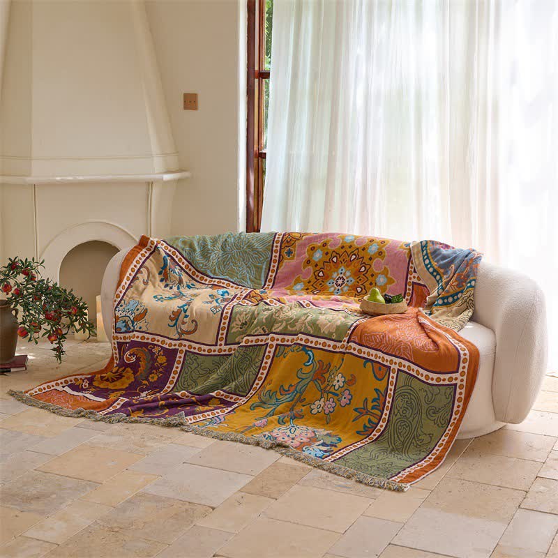 Boho-Baumwoll-Patchworkdecke mit Blumenmuster und Quasten - image 4