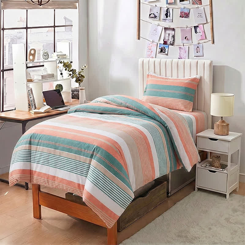 Bettwäsche-Set in Korallen-Türkis-Streifen, Größe Twin XL - Twin XL - Grün & Orange Mehrstreifen - 3-teiliges Bettwäscheset - image 0
