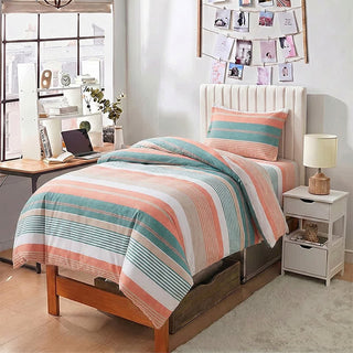 Bettwäsche-Set in Korallen-Türkis-Streifen, Größe Twin XL - Twin XL - Grün & Orange Mehrstreifen - 3-teiliges Bettwäscheset - image 0