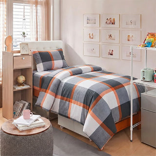 Modernes graues kariertes Bettwäsche-Set (Einzelbett XL) - Twin XL - Grau-orange kariert - 3-teiliges Bettwäscheset - image 0
