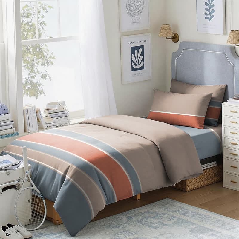 Bettwäsche-Set in Erdtönen mit Streifenmuster, Einzelbett XL - Twin XL - Koralle & Blau gestreift - 3-teiliges Bettwäscheset - image 0