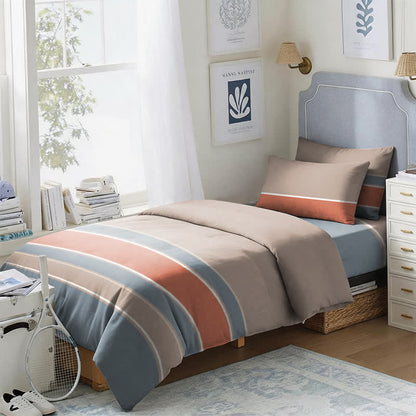 Bettwäsche-Set in Erdtönen mit Streifenmuster, Einzelbett XL - Twin XL - Koralle & Blau gestreift - 3-teiliges Bettwäscheset - image 0