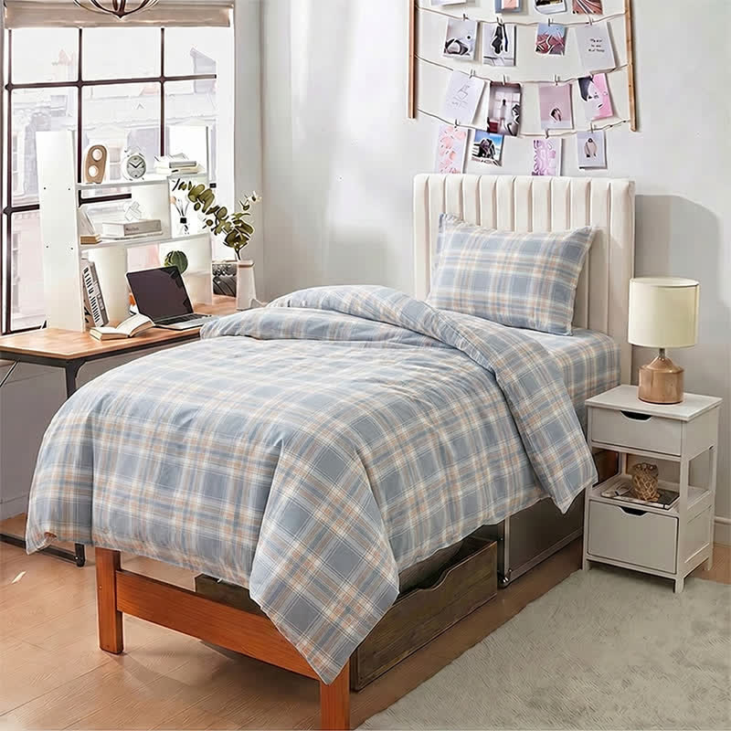 Bettwäsche-Set aus blau karierter Baumwolle (Einzelbett XL) - image 3