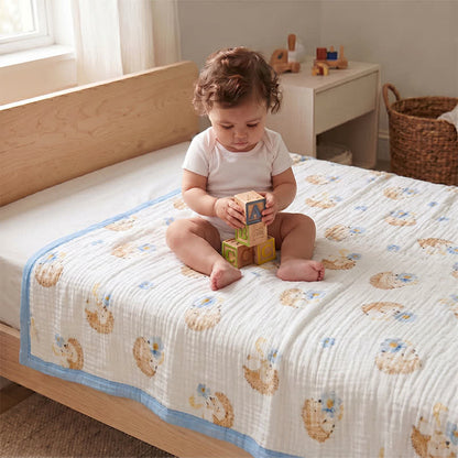Little Hedgehog Cotton Gauze Blanket - White & Blue - Queen - image 1