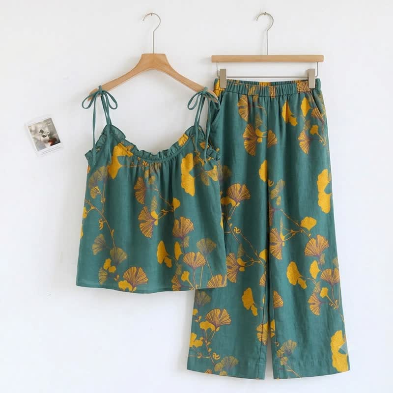 Loungewear-Set mit botanischem Blattmuster: Trägertop und Hose - Grün & Orange - XL - image 0