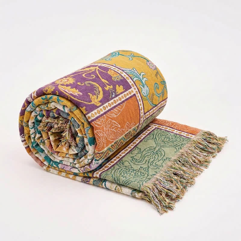 Boho-Baumwoll-Patchworkdecke mit Blumenmuster und Quasten - image 0