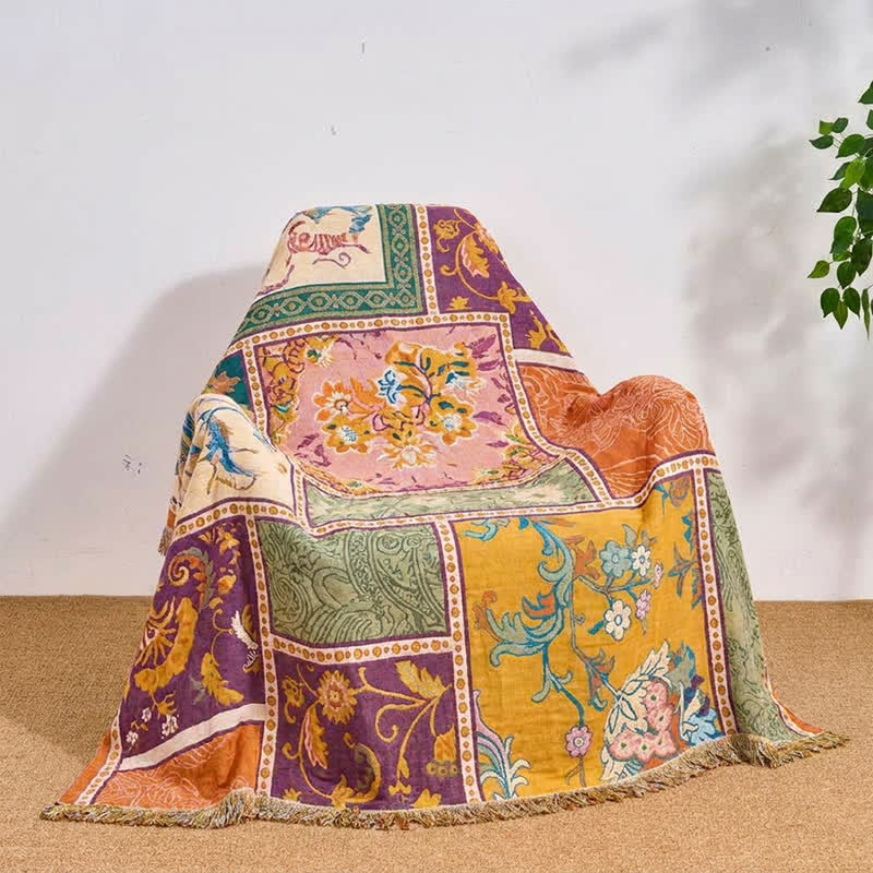 Boho-Baumwoll-Patchworkdecke mit Blumenmuster und Quasten - image 5