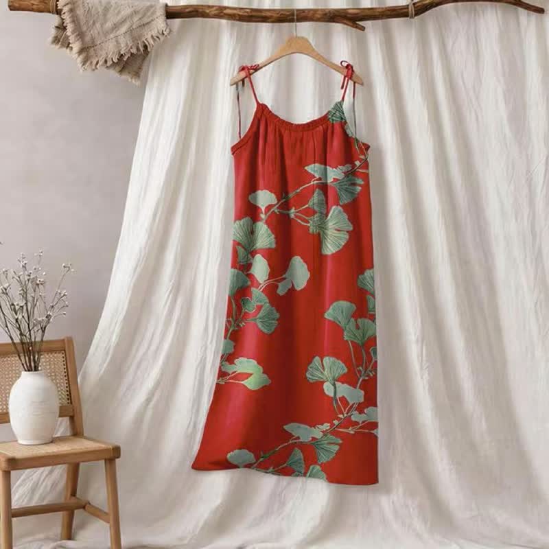 Maxikleid mit Ginkgoblatt-Schnittmuster - Rot & Grün - XL - image 0