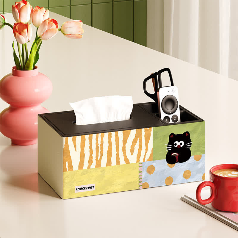 Verspielter Taschentuchbox-Organizer aus Holz mit Katzenmotiv und Patchwork-Design - Mehrfarbig - 11 Zoll L × 6 Zoll B × 5 Zoll H - Mit Fernbedienungshalterung - image 2
