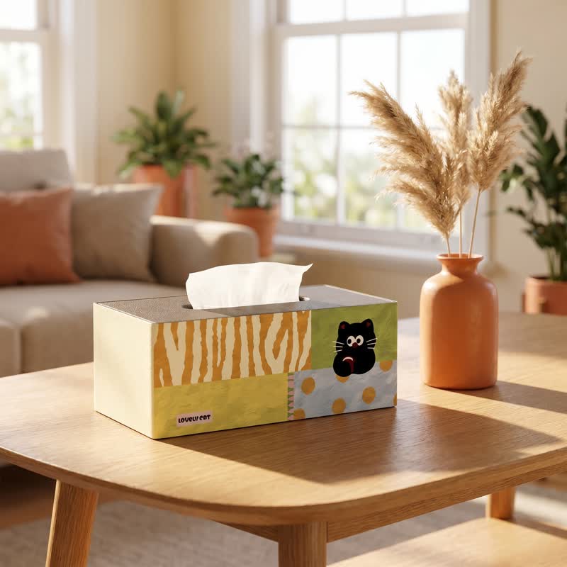 Verspielter Taschentuchbox-Organizer aus Holz mit Katzenmotiv und Patchwork-Design - image 1