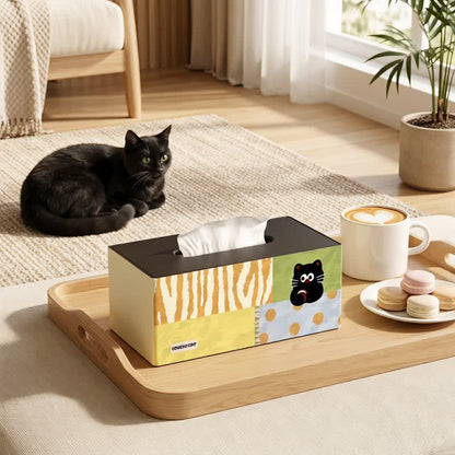 Verspielter Taschentuchbox-Organizer aus Holz mit Katzenmotiv und Patchwork-Design - Mehrfarbig - 11 Zoll L × 6 Zoll B × 5 Zoll H - Klassiker - image 0