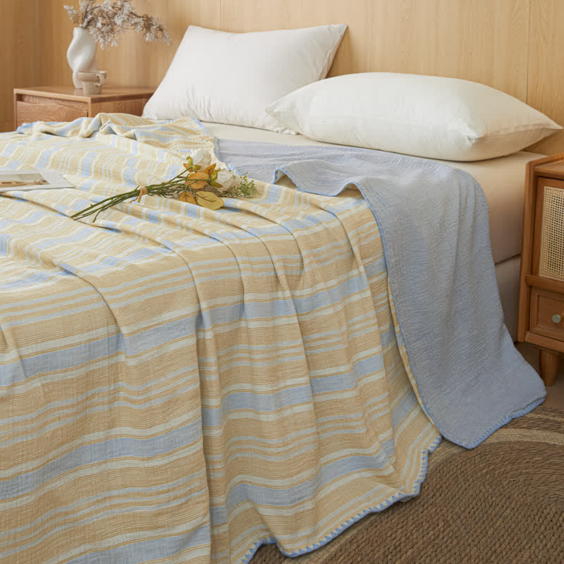 Wendebettdecke aus Baumwolle mit weichen Streifen - Blau-gelber Streifen - 79" × 91" - image 0