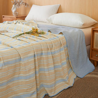 Wendebettdecke aus Baumwolle mit weichen Streifen - Blau-gelber Streifen - 79" × 91" - image 0