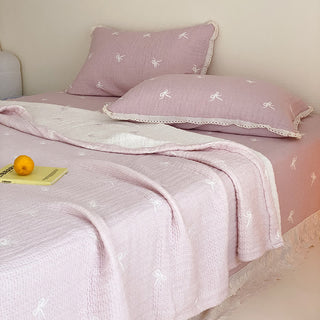 Sommerdecke aus gestepptem Lyocell mit Rüschen und Schleife - Lila - 79" × 91" - 3-teiliges Bettwäscheset - image 0