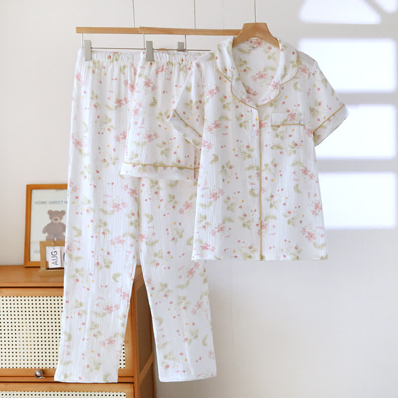 Gemütliches 3-teiliges Lounge-Set aus Baumwoll-Gaze ​​mit Blumenmuster - Weiß - XL - image 0