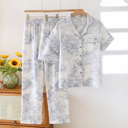 Dreiteiliger Pyjama-Satz aus Baumwollgaze mit Aquarellmuster - image 1