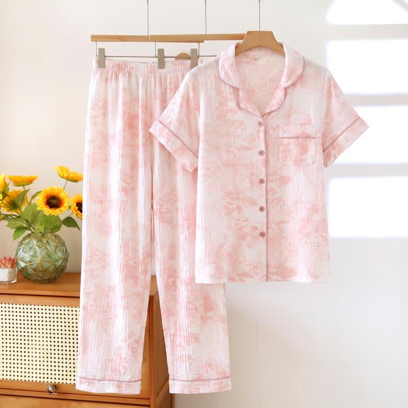 Dreiteiliger Pyjama-Satz aus Baumwollgaze mit Aquarellmuster - image 3