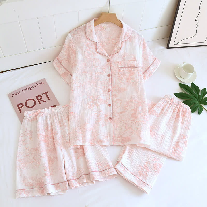 Dreiteiliger Pyjama-Satz aus Baumwollgaze mit Aquarellmuster - Rosa - XL - image 2