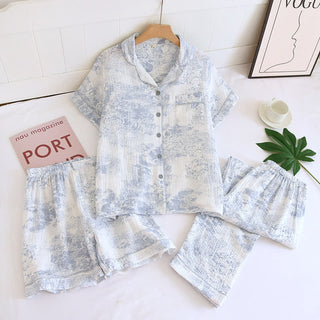 Dreiteiliger Pyjama-Satz aus Baumwollgaze mit Aquarellmuster - Blau - XL - image 0