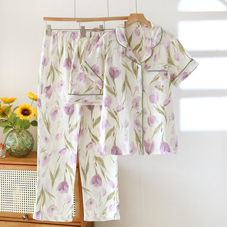 Romantisches 3-teiliges Pyjama-Set aus Baumwollgaze mit Tulpenmuster - Beige - XL - image 0