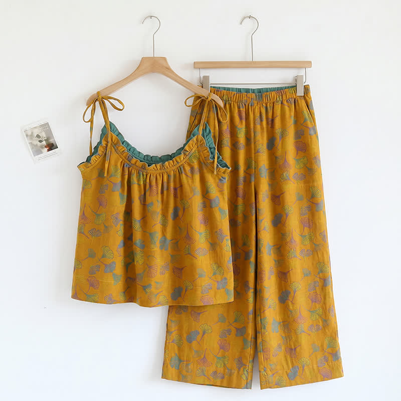 Loungewear-Set mit Ginkgoblatt-Print und Schulterbändern - Orange & Grün - XL - image 3
