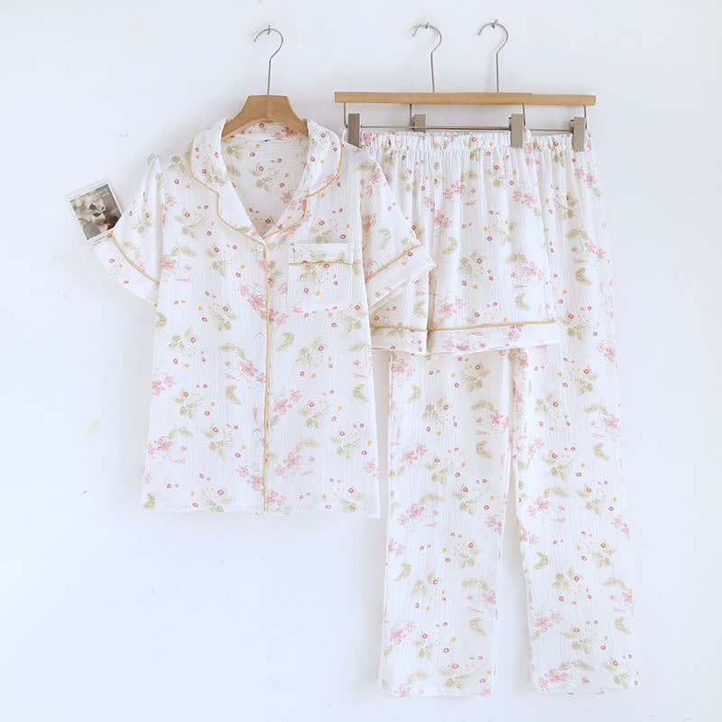 Gemütliches 3-teiliges Lounge-Set aus Baumwoll-Gaze ​​mit Blumenmuster - image 1