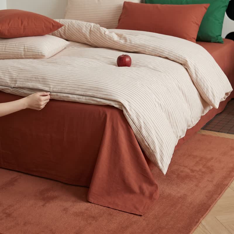 Bettwäsche-Set aus gewaschener Baumwolle mit französischblauen Streifen - Rot - König - Spannbettlaken - image 3