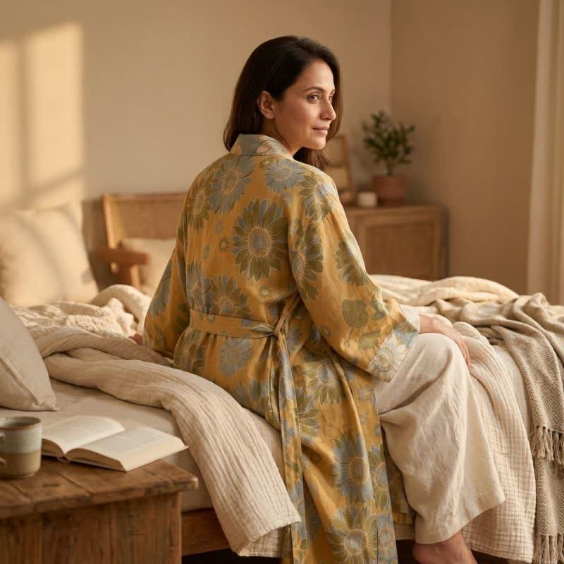 Vintage Sonnenblumen-Baumwollkimono-Bademantel - image 3