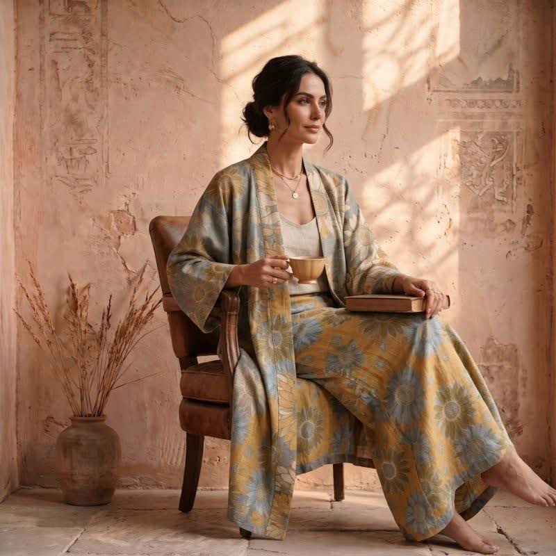 Vintage Sonnenblumen-Baumwollkimono-Bademantel - image 9