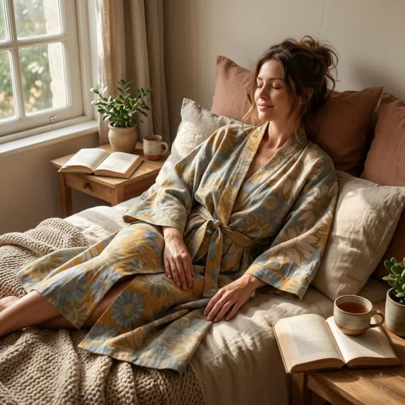 Vintage Sonnenblumen-Baumwollkimono-Bademantel - image 8