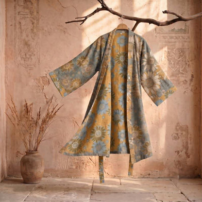 Vintage Sonnenblumen-Baumwollkimono-Bademantel - Grau - 2XL - image 6