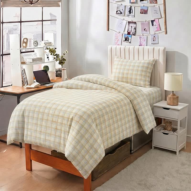 Dickes und dünnes kariertes Bettwäscheset für Studentenwohnheime - Twin XL - Beige kariert - 5-teiliges Komplettset - image 0
