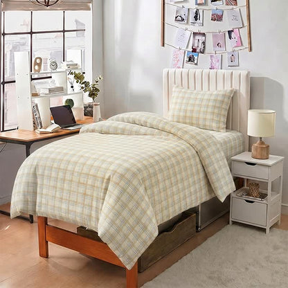 Dickes und dünnes kariertes Bettwäscheset für Studentenwohnheime - Twin XL - Beige kariert - 5-teiliges Komplettset - image 0