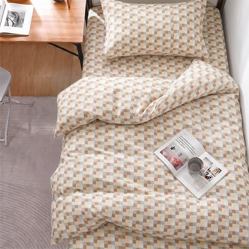 Bettwäsche-Set mit warmem, neutralem Mosaik-Karomuster - Twin XL - Braun kariert - 5-teiliges Komplettset - image 0