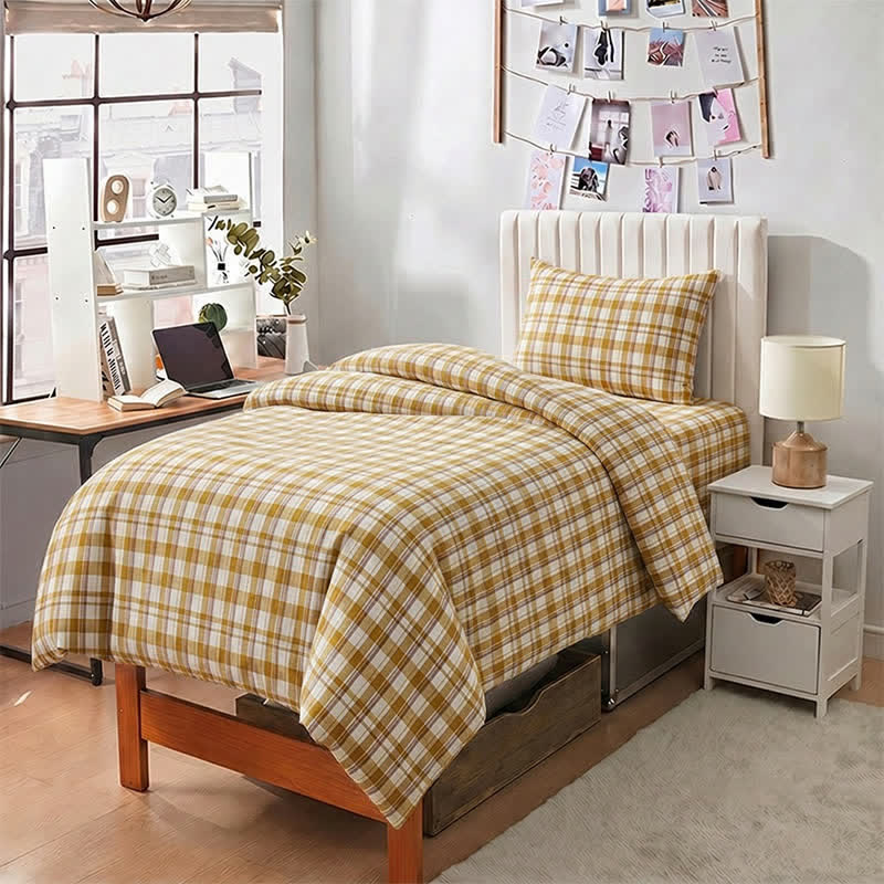 Senffarbenes kariertes Bettwäscheset für Einzelbett XL ( Schlafsaal) - image 3