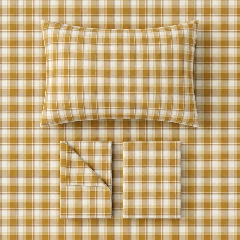 Senffarbenes kariertes Bettwäscheset für Einzelbett XL ( Schlafsaal) - image 2
