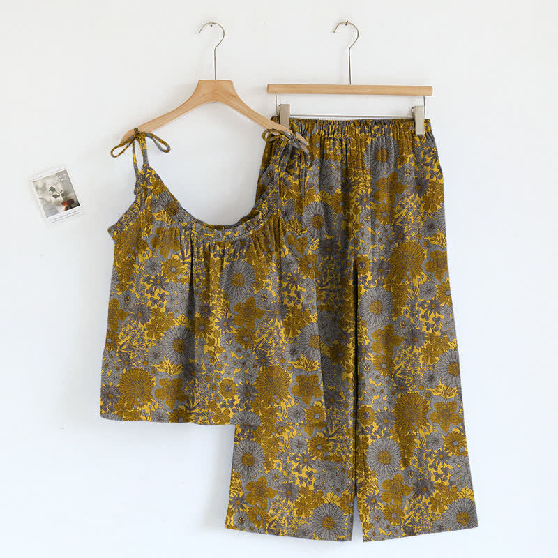 Vintage Loungewear-Set mit Blumenmuster und Bindebändern - Grau - XL - image 9
