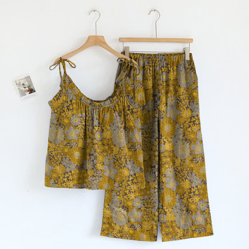 Vintage Loungewear-Set mit Blumenmuster und Bindebändern - Gelb - XL - image 6