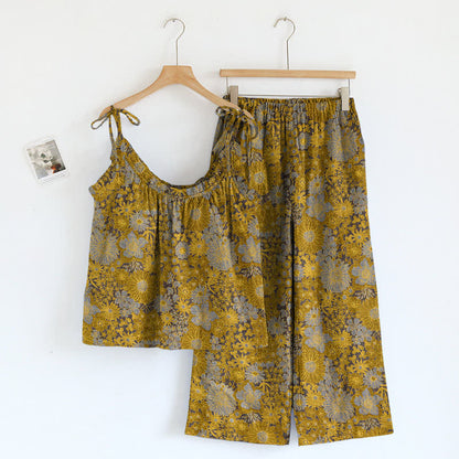 Vintage Loungewear-Set mit Blumenmuster und Bindebändern - Gelb - XL - image 6