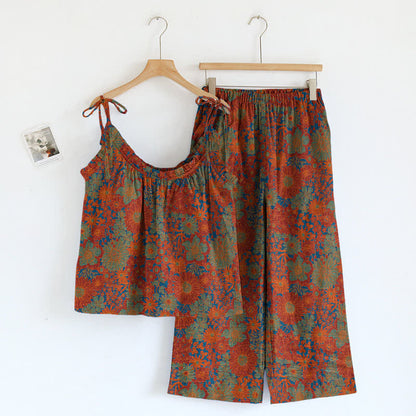 Vintage Loungewear-Set mit Blumenmuster und Bindebändern - Rot - XL - image 3