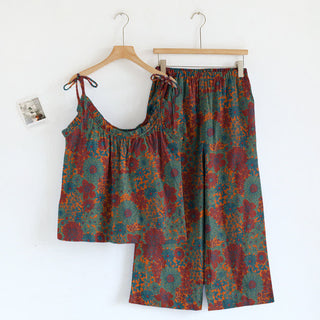 Vintage Loungewear-Set mit Blumenmuster und Bindebändern - Grün - XL - image 0