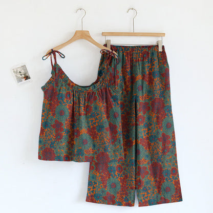 Vintage Loungewear-Set mit Blumenmuster und Bindebändern - Grün - XL - image 0