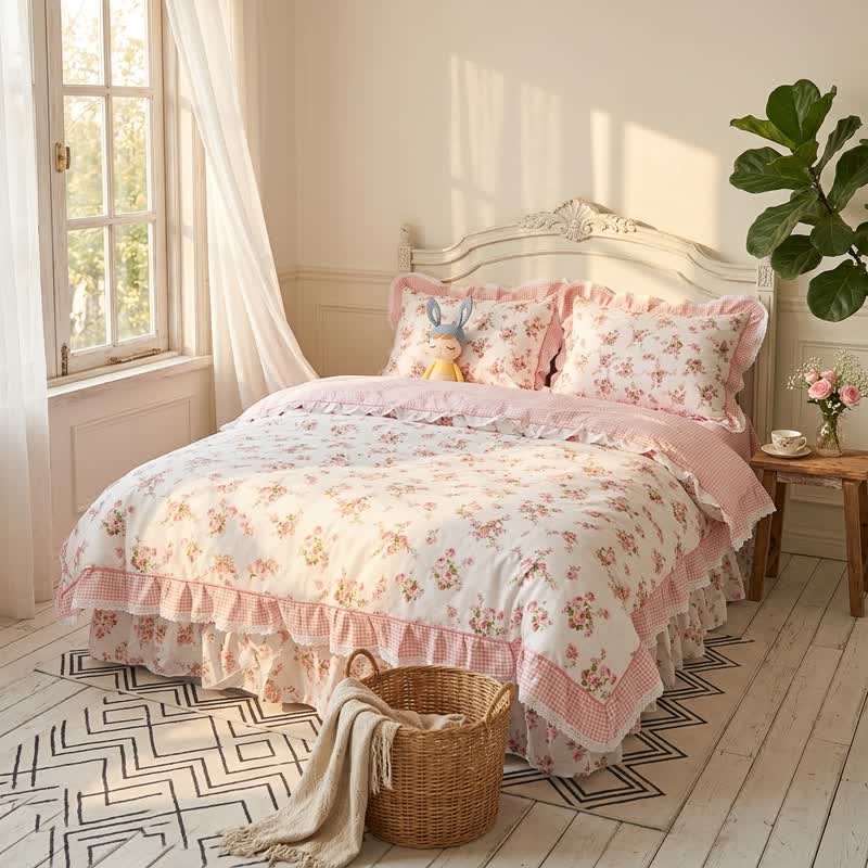 Vintage Bettwäsche-Set aus Baumwolle mit floralen Rüschen - image 1