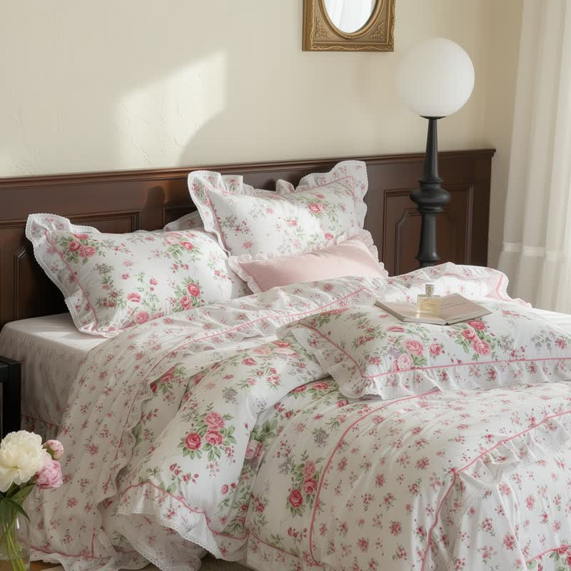 Romantisches Rosen-Rüschen-Bettwäscheset - Weiß - 4-teiliges Bettwäscheset - Königin - image 0
