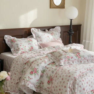 Romantisches Rosen-Rüschen-Bettwäscheset - Weiß - 4-teiliges Bettwäscheset - Königin - image 0
