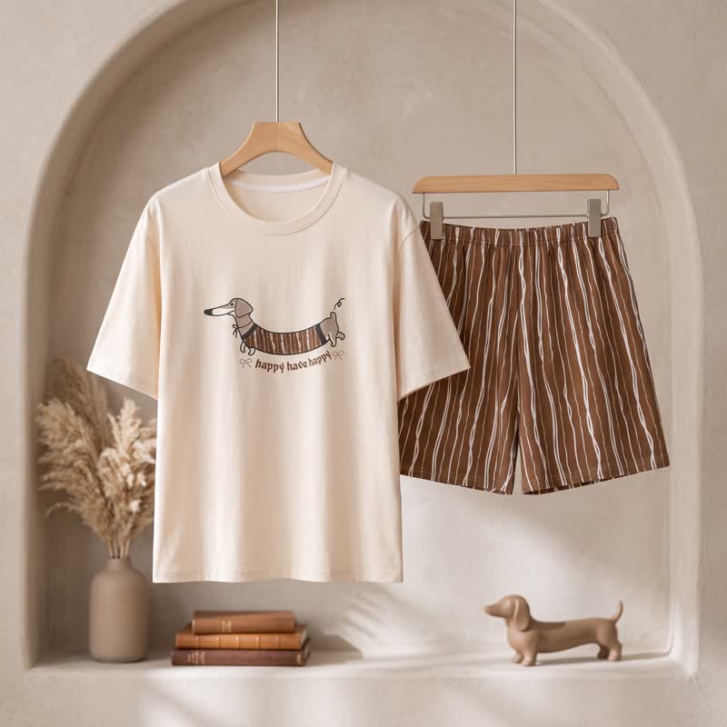 Baumwoll-Lounge-Set mit Dackelmotiv - Weiß & Kaffee - 3XL - image 0
