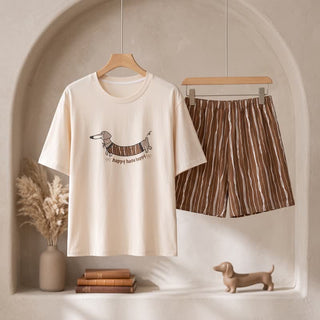 Baumwoll-Lounge-Set mit Dackelmotiv - Weiß & Kaffee - 3XL - image 0