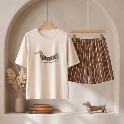 Baumwoll-Lounge-Set mit Dackelmotiv - Weiß & Kaffee - 3XL - image 0