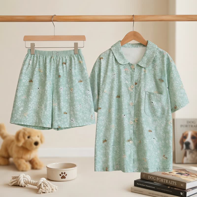 Loungewear-Set aus doppellagigem Baumwollgewebe mit Hunde-Print - Grün - XL - image 0